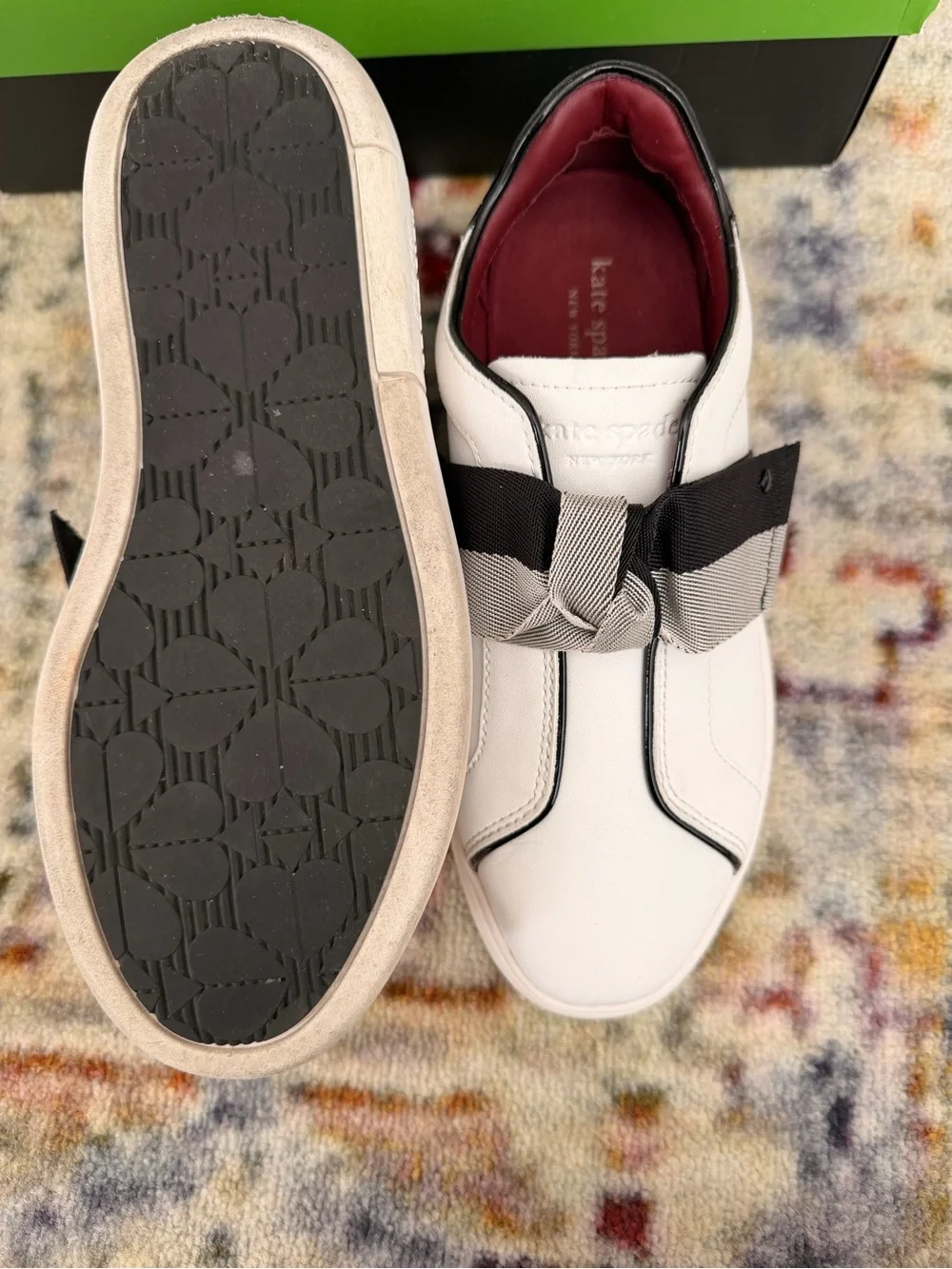 kate spade White Leather Slip-On Sneakers with Black & Gray Bow Trim